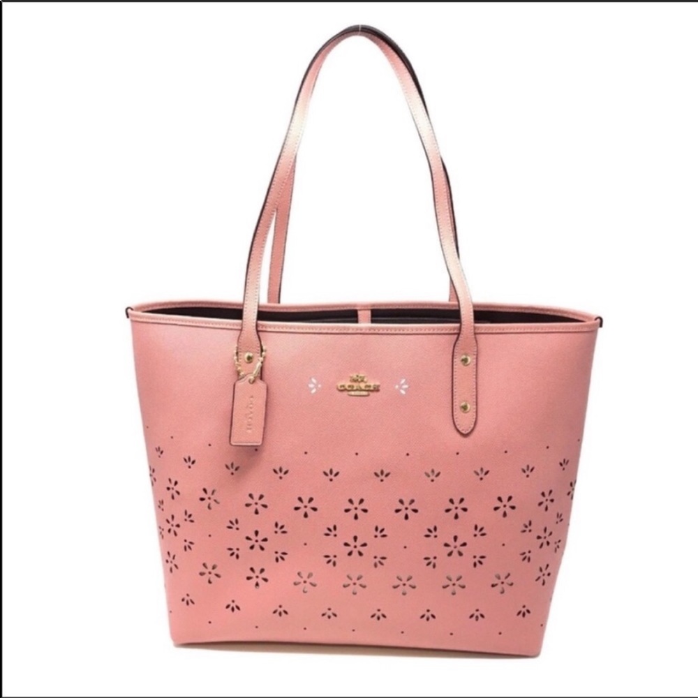 Coach Floral Perforated Leather City Tote Bag Pink